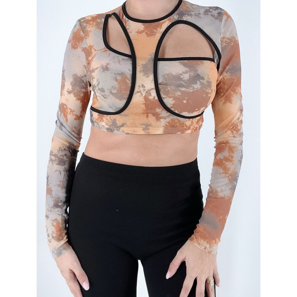 Women's Cutout Sheer Marbled Top Long Sleeve Size Medium